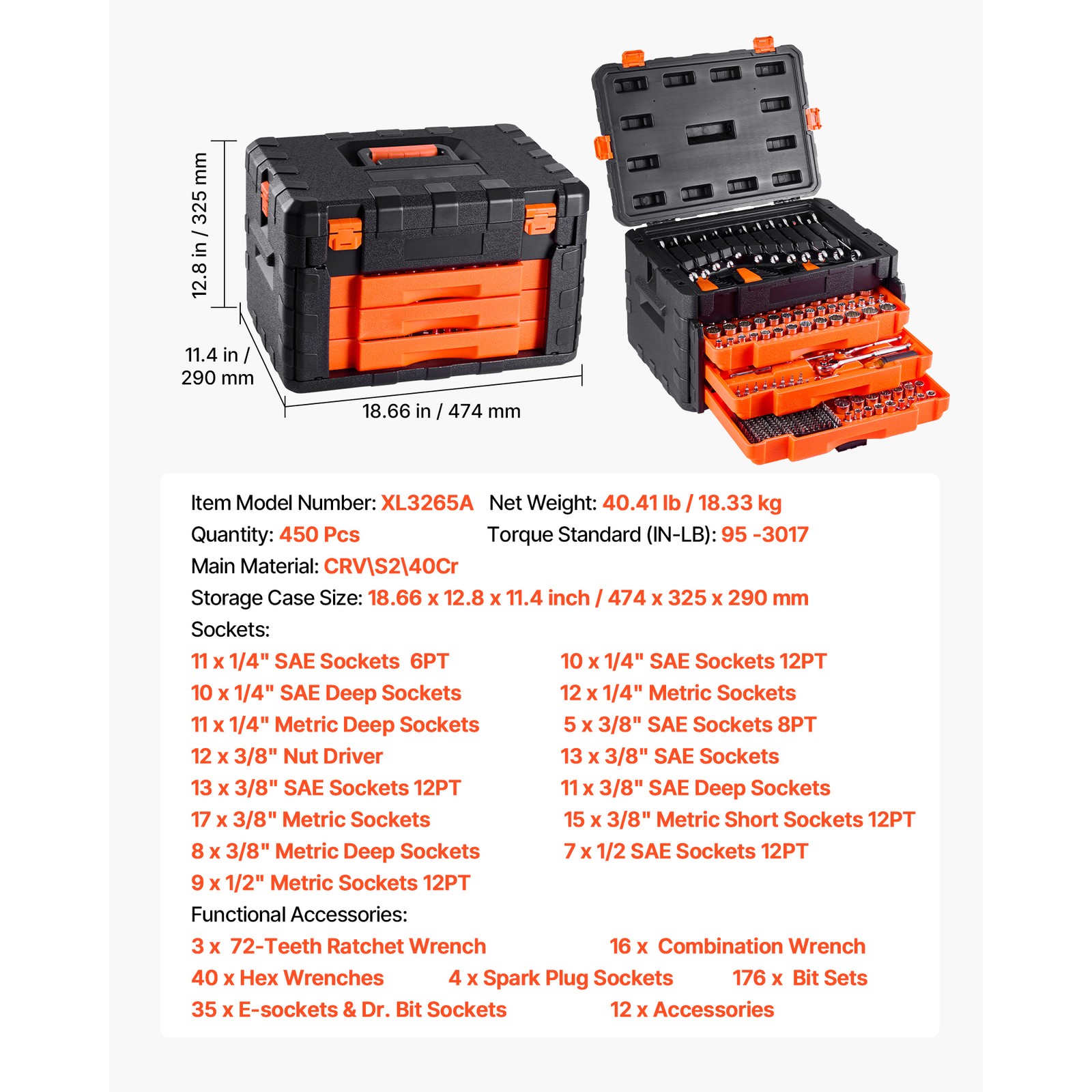 Mechanics Tool Set Socket Set 450Pcs 1/4 3/8 1/2 in Drive Orange Drawer
