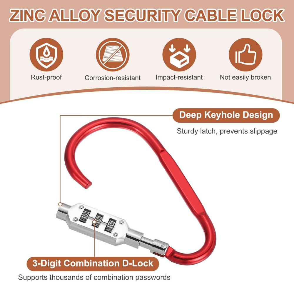 4.8" x 2.4" D-Shaped 3-Digit Code Combination Lock D-Ring Clip Locking, Red
