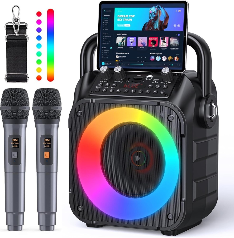 Karaoke Machine, Portable Bluetooth Speaker with 2 Wireless Microphones for A...