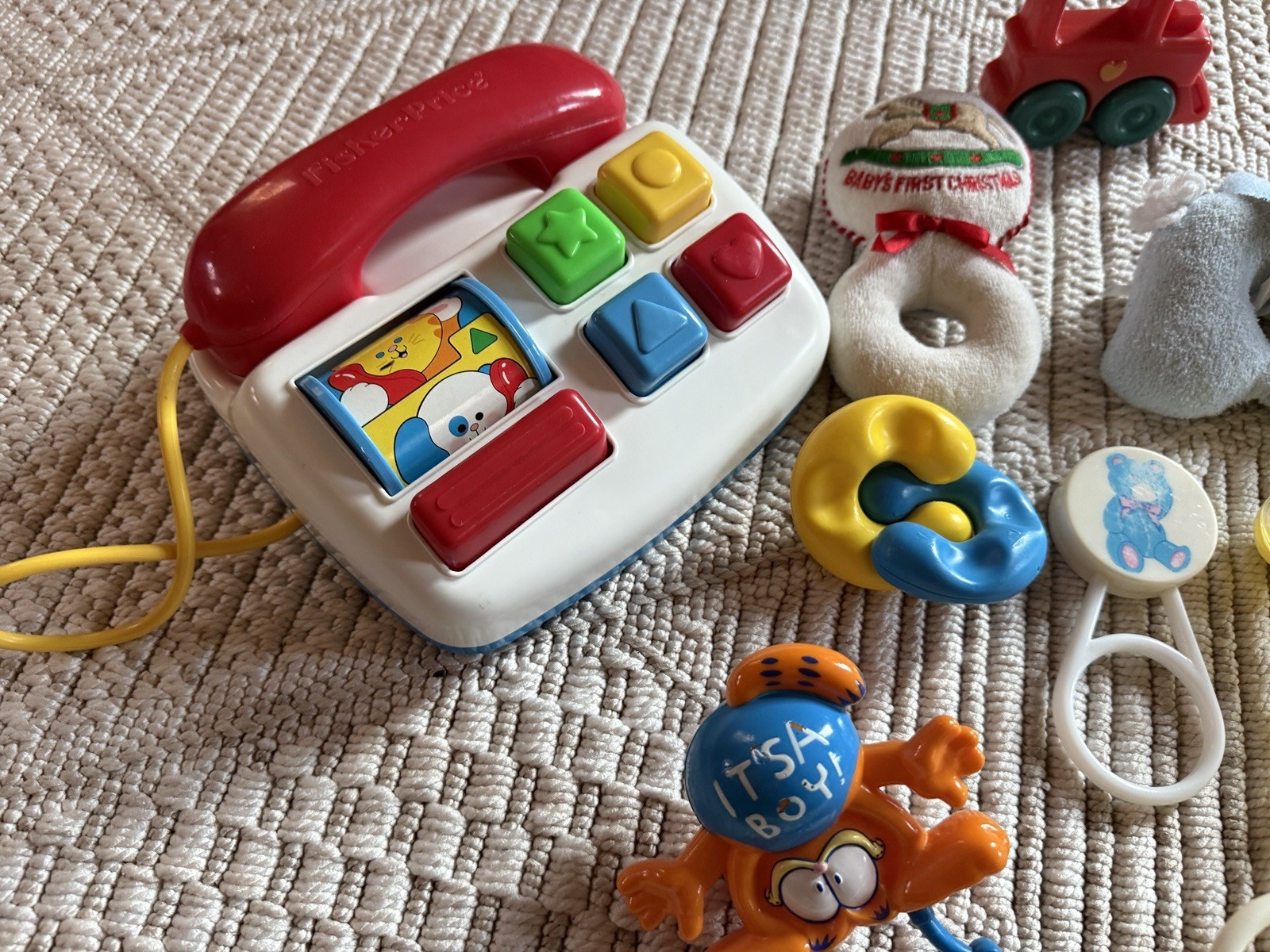 Vintage Fisher Price Buttons & Bells Toddler Telephone Eden Plush Rattle Baby