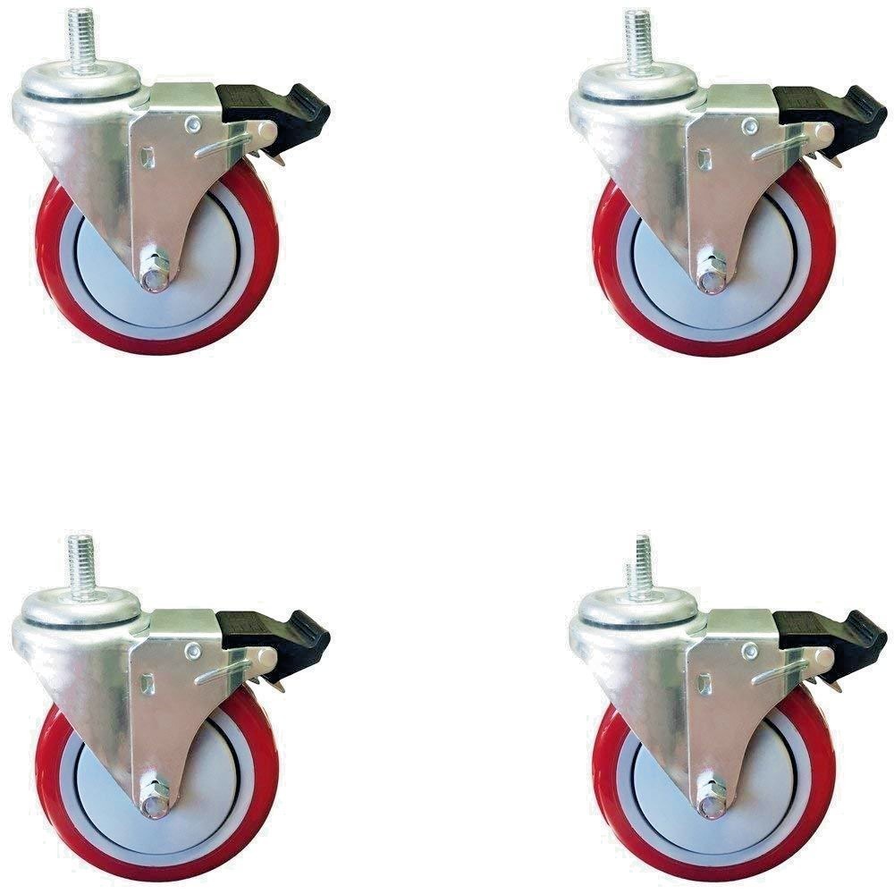 CASTERHQ- 4" Total Lock Caster - Red Poly. Thread Stem 1/2" - Heavy Duty