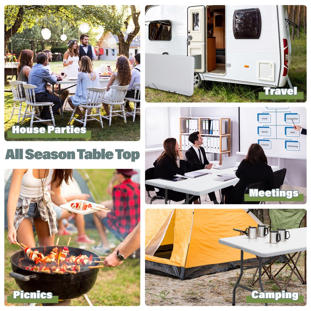 2X 8' Plastic Folding Table Picnic Party Camp Dining Fold-in-Half w/ Handle