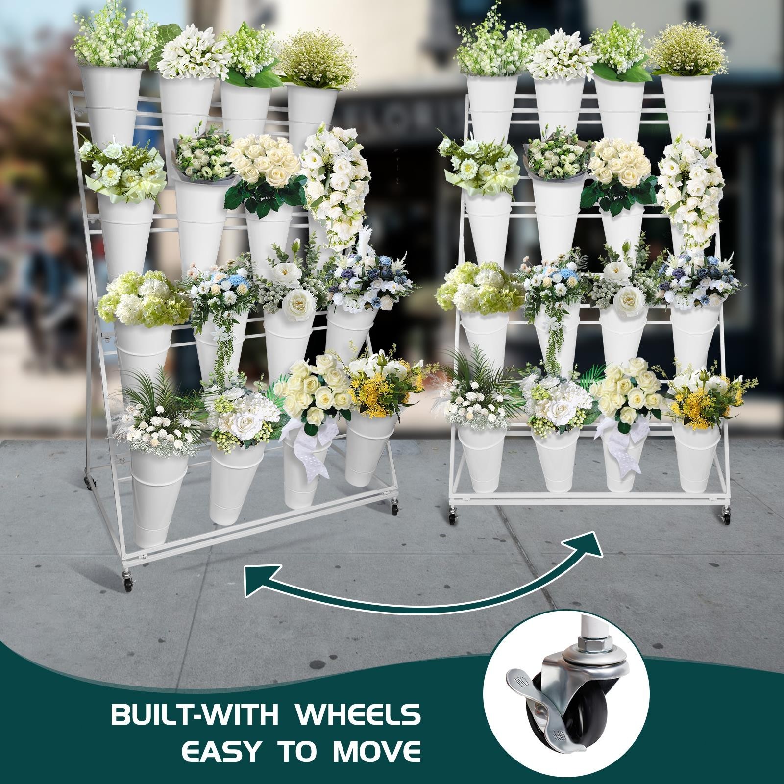 3/4 Tiers Flower Display Stand Cart w/ Round/Square &12/16 Buckets Flower Stand