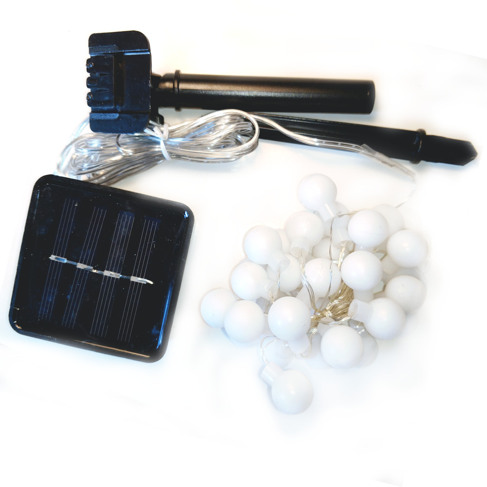 Solar Powered White Ball String Lights - 30 LED Warm White, 8 Modes