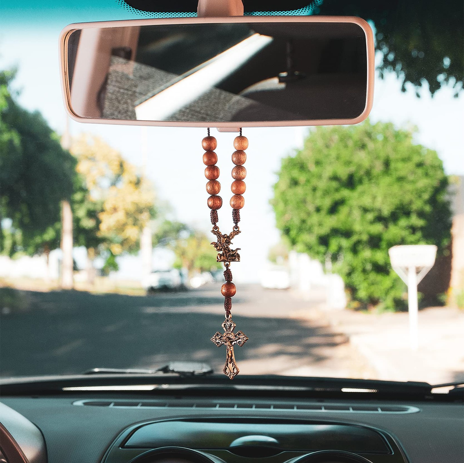 St. Michael Car Rearview Mirror Rosary (Wood)