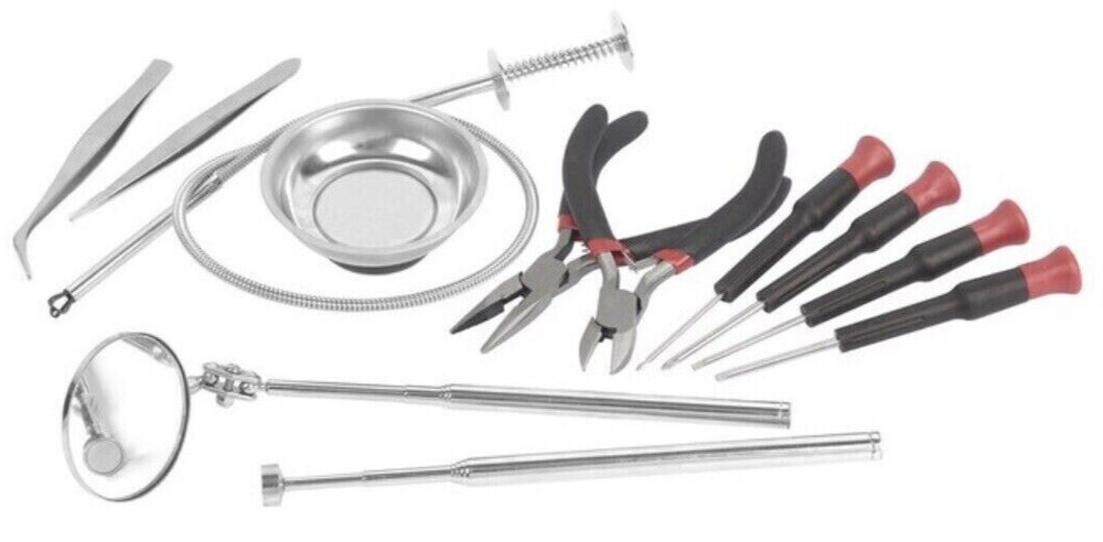 12 Piece Tool Set Magnet Bowl, Pliers, Screw Driver, Extendable Mirror, Flex Gra