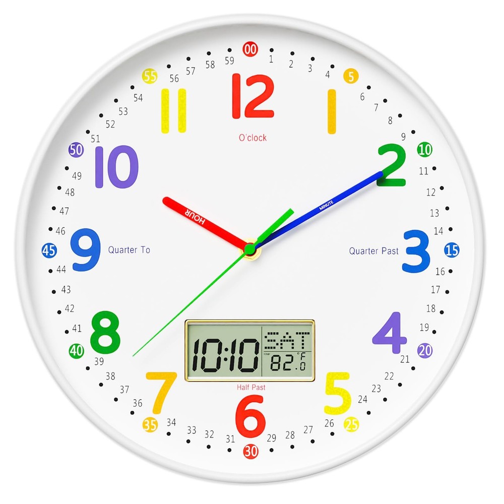 12" Silent Teaching Wall Clock with LCD Date Weekday Temperature Display – Te...