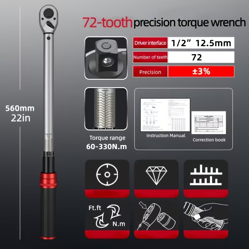 72-Tooth Torque Wrench Adjustable Torque Wrench 1/2" Drive 26-260ft.lb/35-350n.m