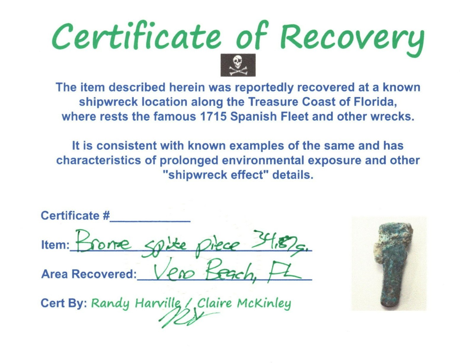 Shipwreck Bronze Spike Possibly 1715 Fleet Spanish Treasure with COR #96