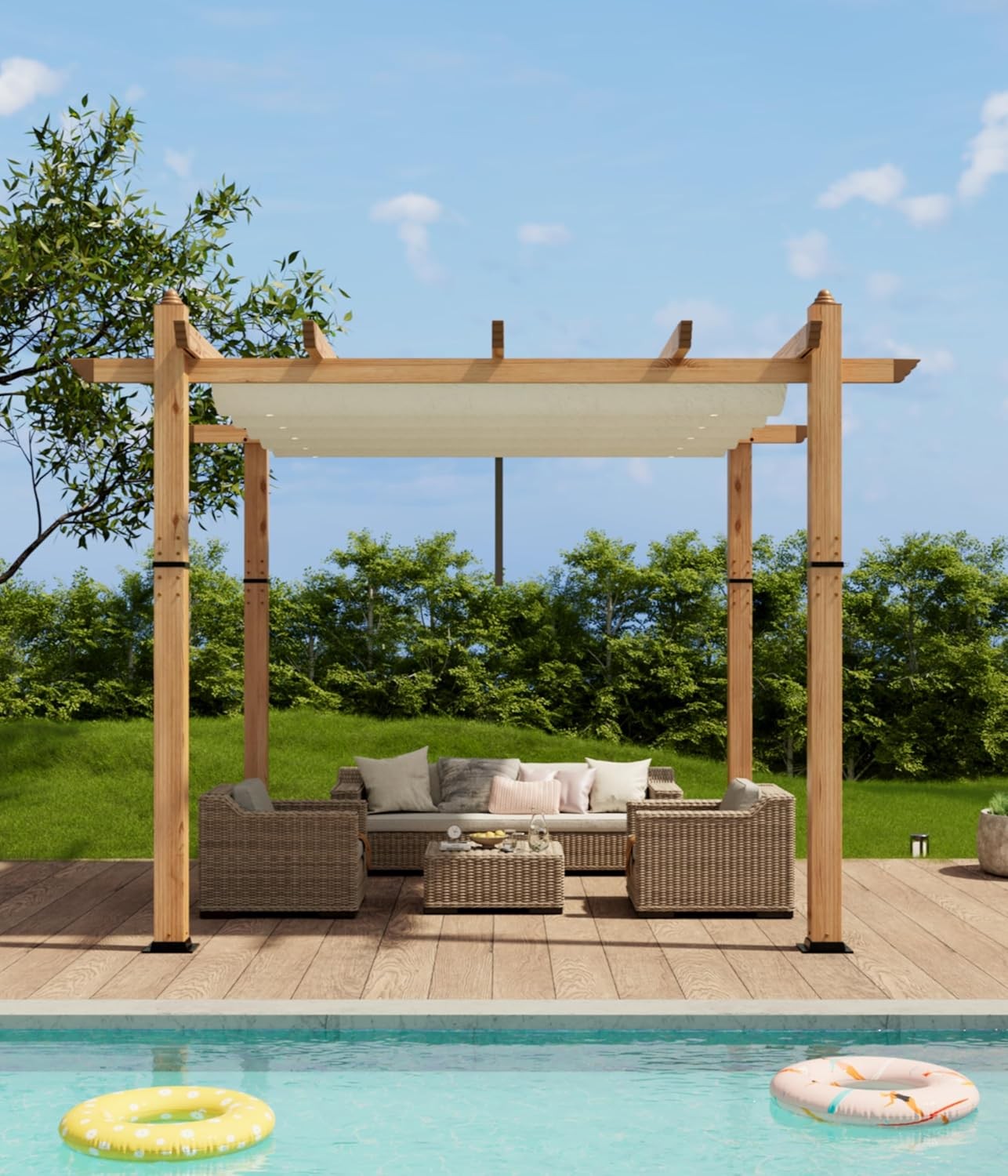 10 x 10 ft Wood-Grain Aluminum Pergola, Outdoor Pergola with Retractable Canopy