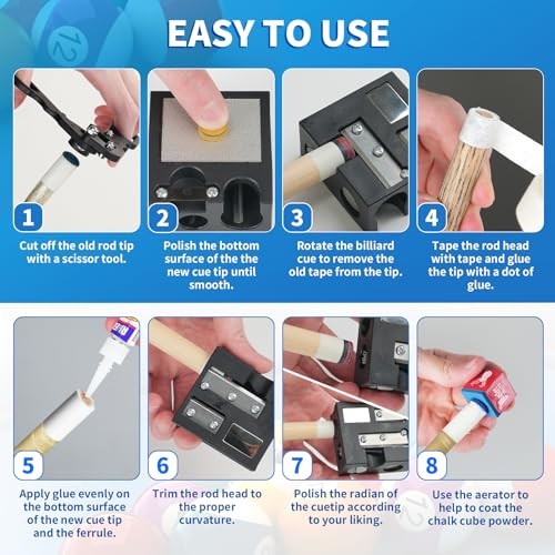 Billiards Pool Cue Tip Shaper, Pool Cue Tips Replacement Kit, Black 12 in 1