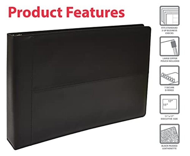 7 Ring Executive Check Binder with Zipper Pouch, Padded Black Textured