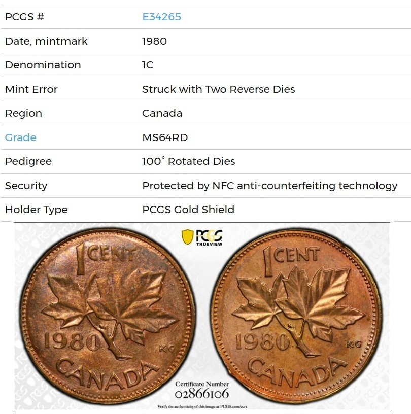 Mint Error - 1980 Canada 1 Cent Struck with Two Reverse Dies PCGS MS64 RD