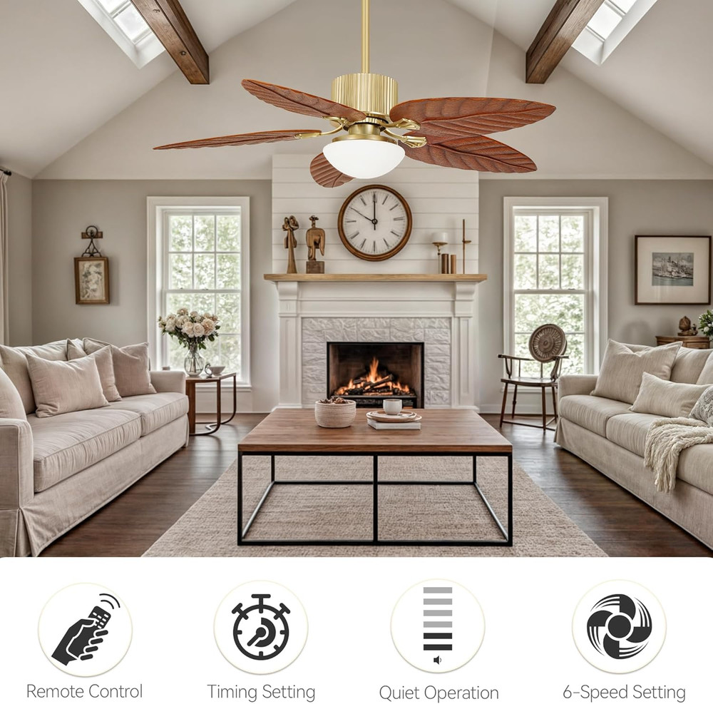 52" Tropical Ceiling Fan with Light & Remote, Adjustable 3-Color Lighting, Quiet