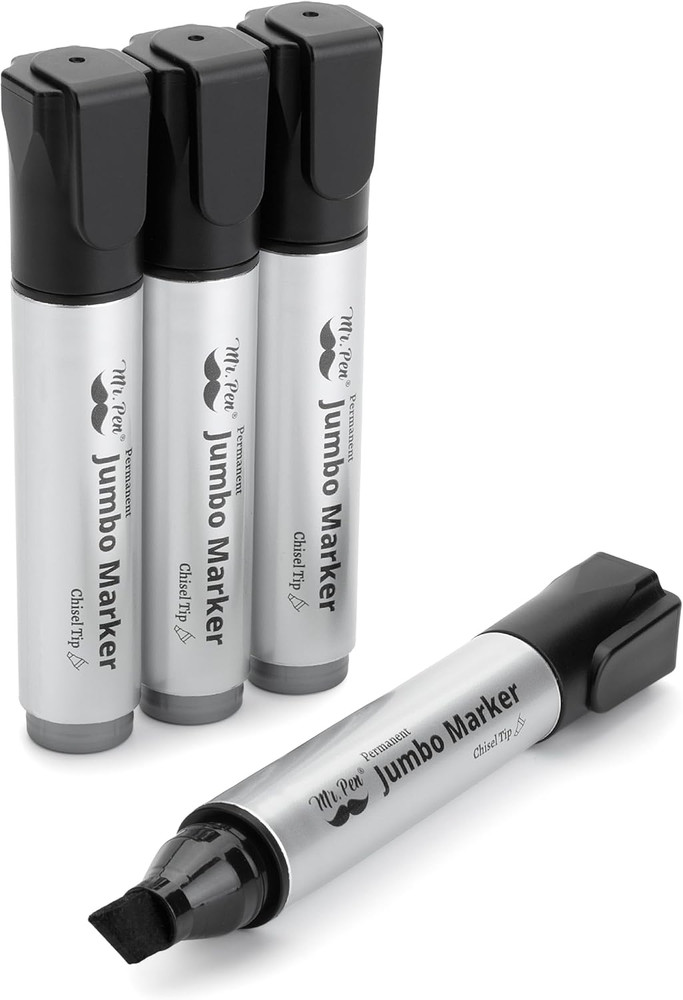 Jumbo Permanent Markers, 4 Pack, Black, Chisel Tip, Wide Tip, Large, Thick Perma