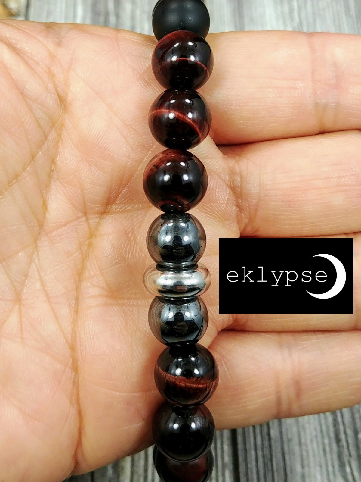 8"L STAINLESS STEEL 10mm Tigers Eye+Hematite+Onyx Gemstone Beaded Men's Bracelet