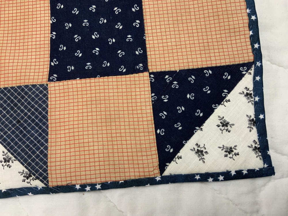 Antique Vintage Patchwork Quilt Table Topper, Nine Patch With Triangles, Navy