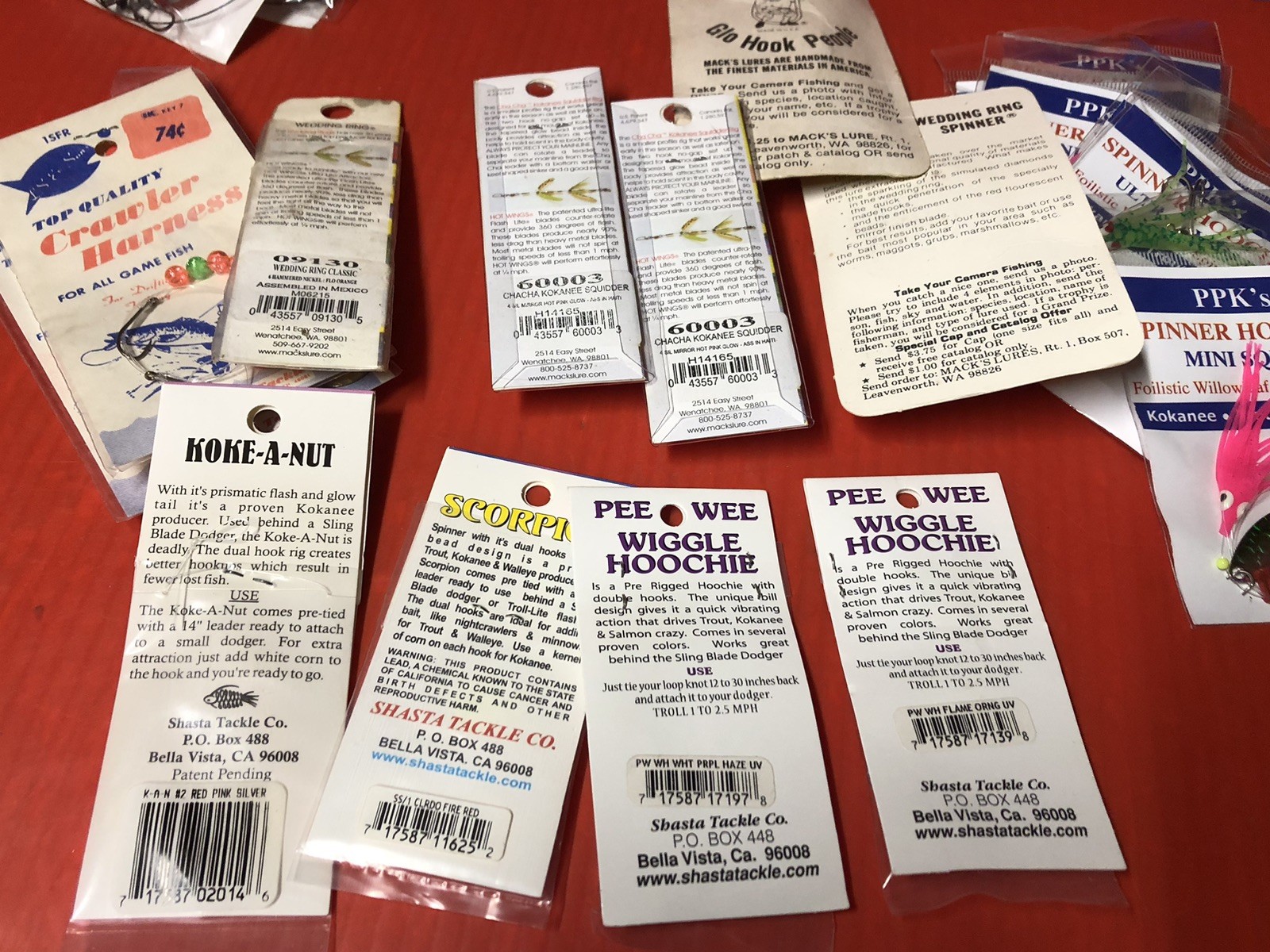 Fishing Tackle Lot. Hoochies, Mack’s Wedding Ring Spinners, Kokaneekid Release