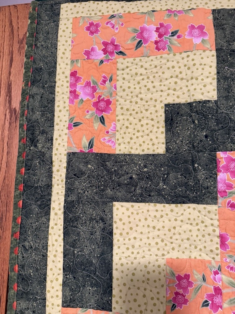 Patchwork Quilt Throw Blanket Handmade Signed Reversible Zigzag Floral 55”x39”