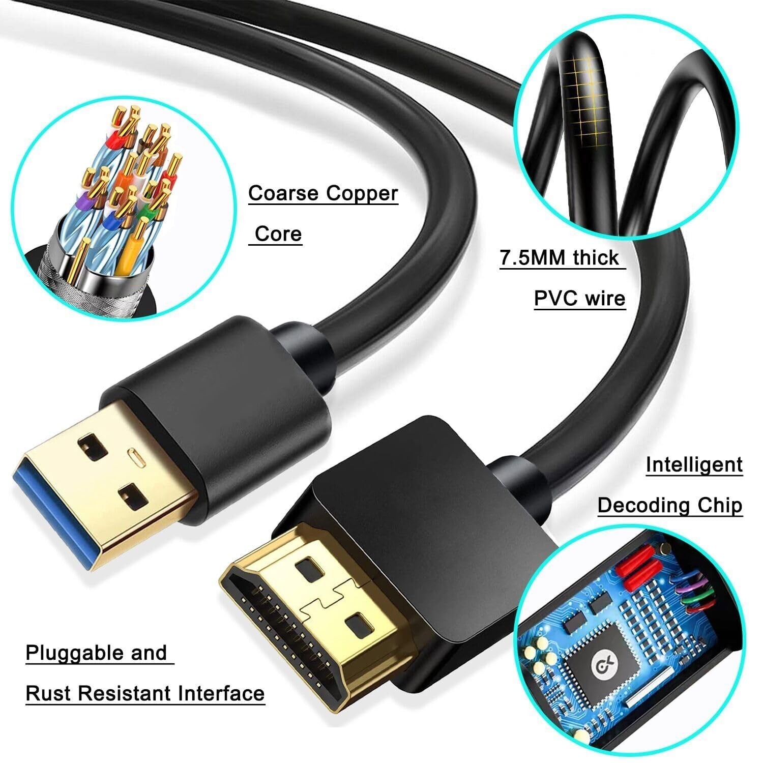 USB to Hdmi Cable, USB to Hdmi Adapter for Monitor, USB 3.0 Male to Hdmi Male...