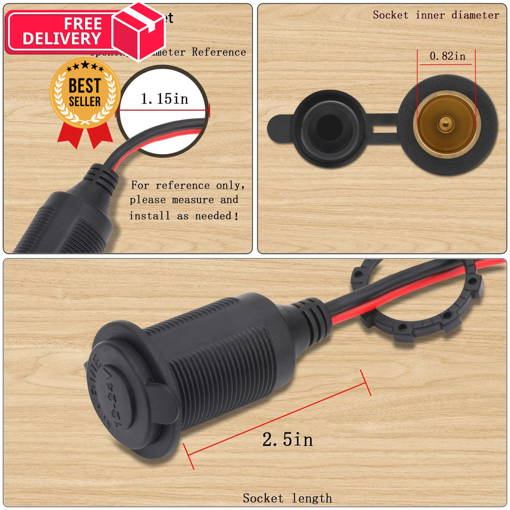 Dongge 4FT 12V/24V Fixed Thread Cigarette Lighter Socket Extension 4 FT, 4 ft