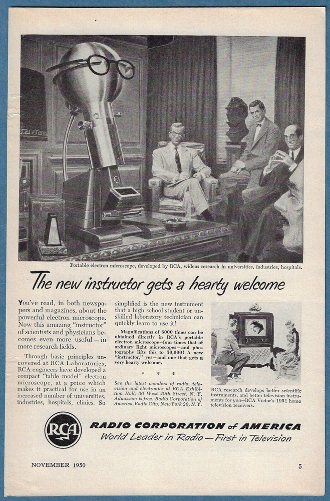 1950 Print AD ~ RCA Portable Electron Microscope