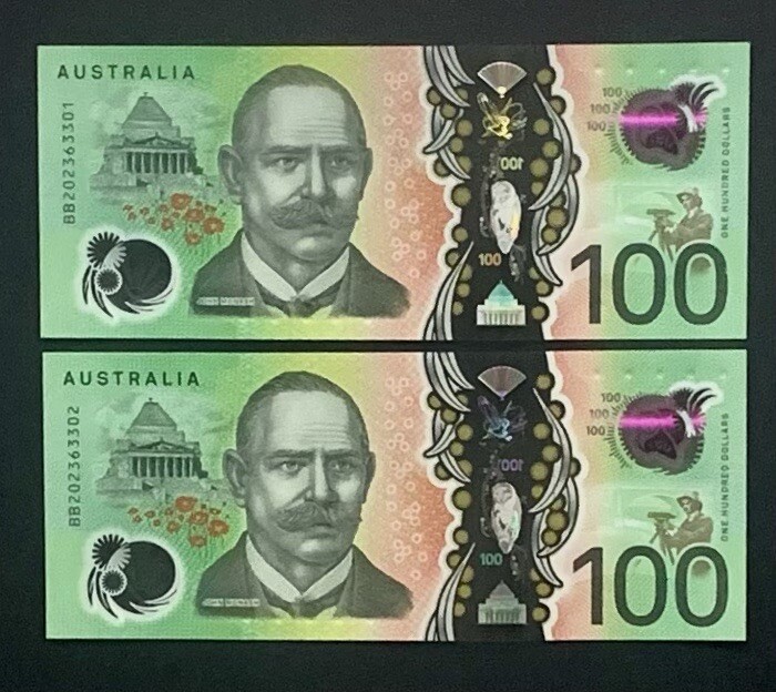 AUSTRALIAN AU100 Dollar Green Note - Featuring early Prefix BB Series