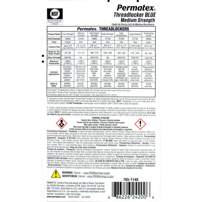 Permatex Thread Locker 24200; Medium Strength Blue 6.0ml Squeeze Tube
