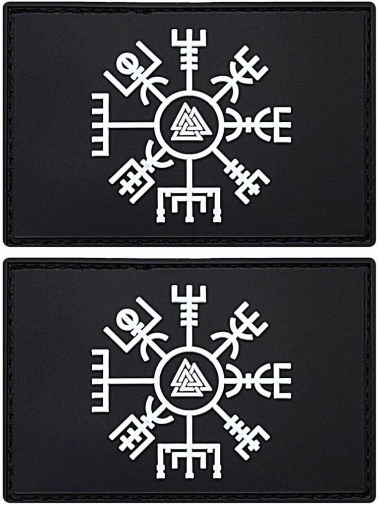 VEGVISIR RUNE VALKNUT VIKING COMPASS PVC RUBBER PATCH - 2PC  HOOK 3"X2"