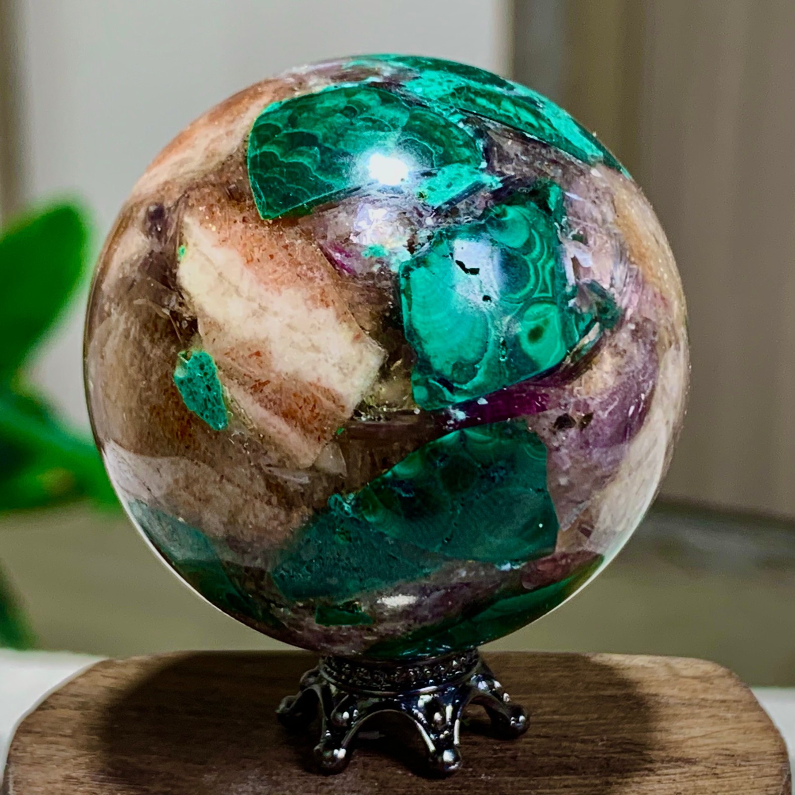 102G Newly discovered rare malachite purple mica symbiotic sphere restoration