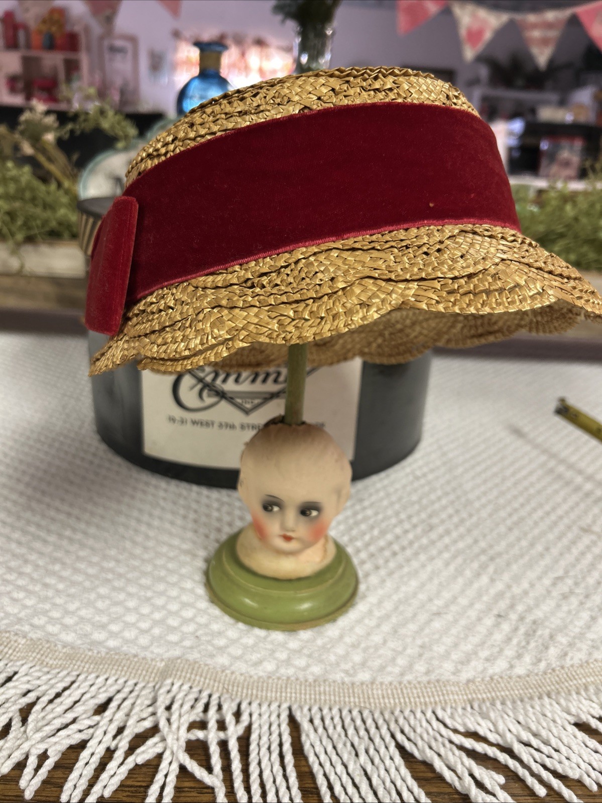 Antique Papier-Mâché Side Eyed Doll Head Girl Wood Hat Stand 9.5" Creepy Germany