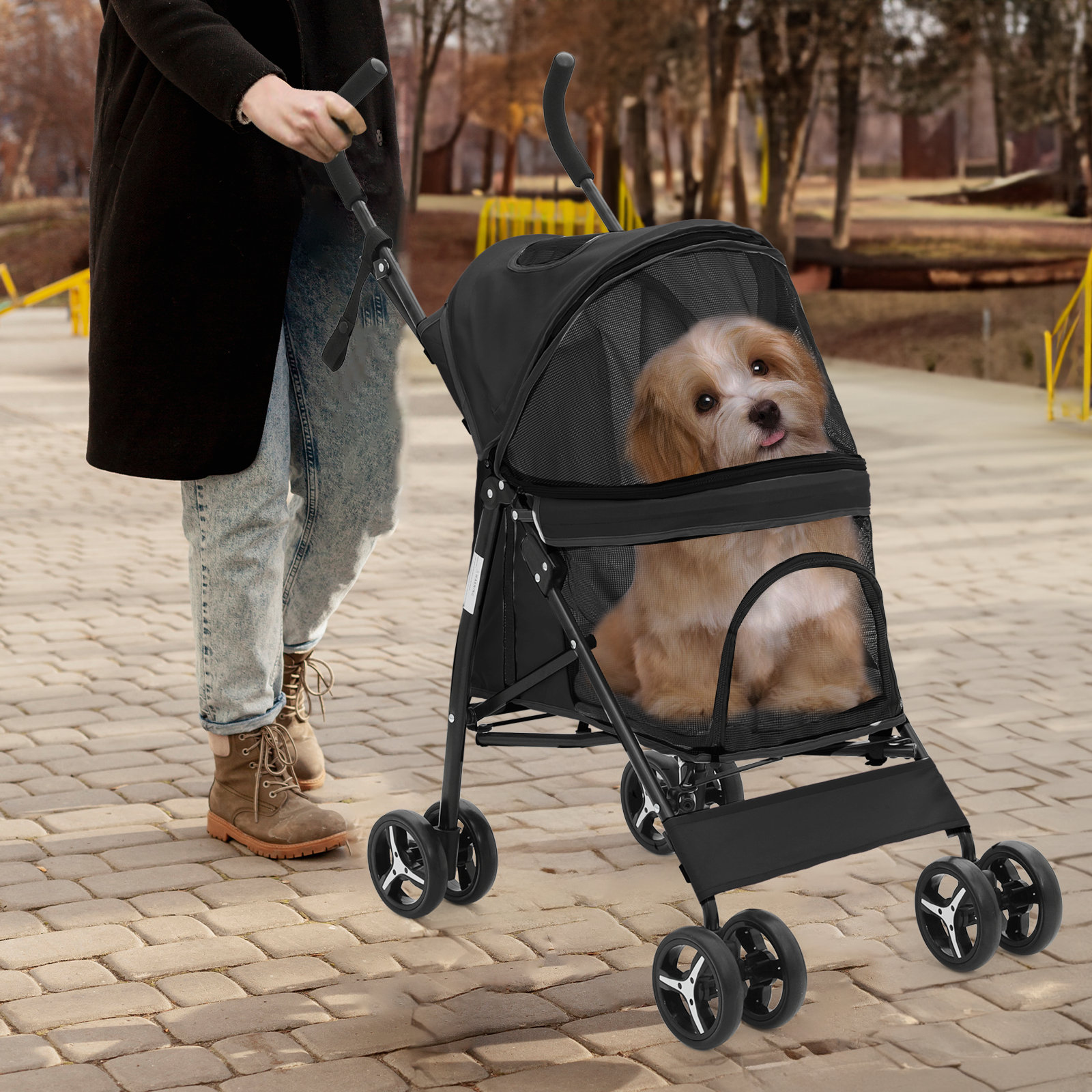 Folding 4-Wheels Dog Stroller Portable Adjustable Canopy Pet Travel Carrier Cart