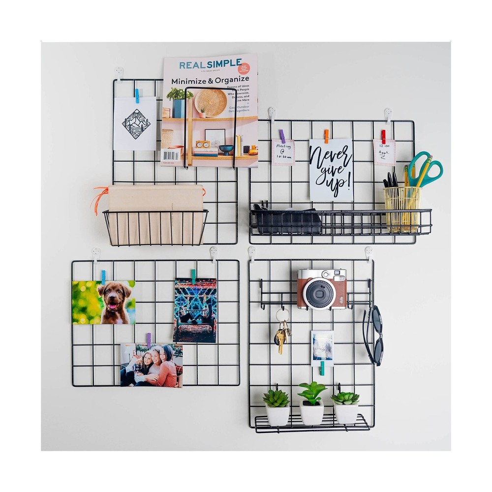 2 Pack Wire Wall Grid Panel With Accessories | Includes Hanging Basket, Shelf...