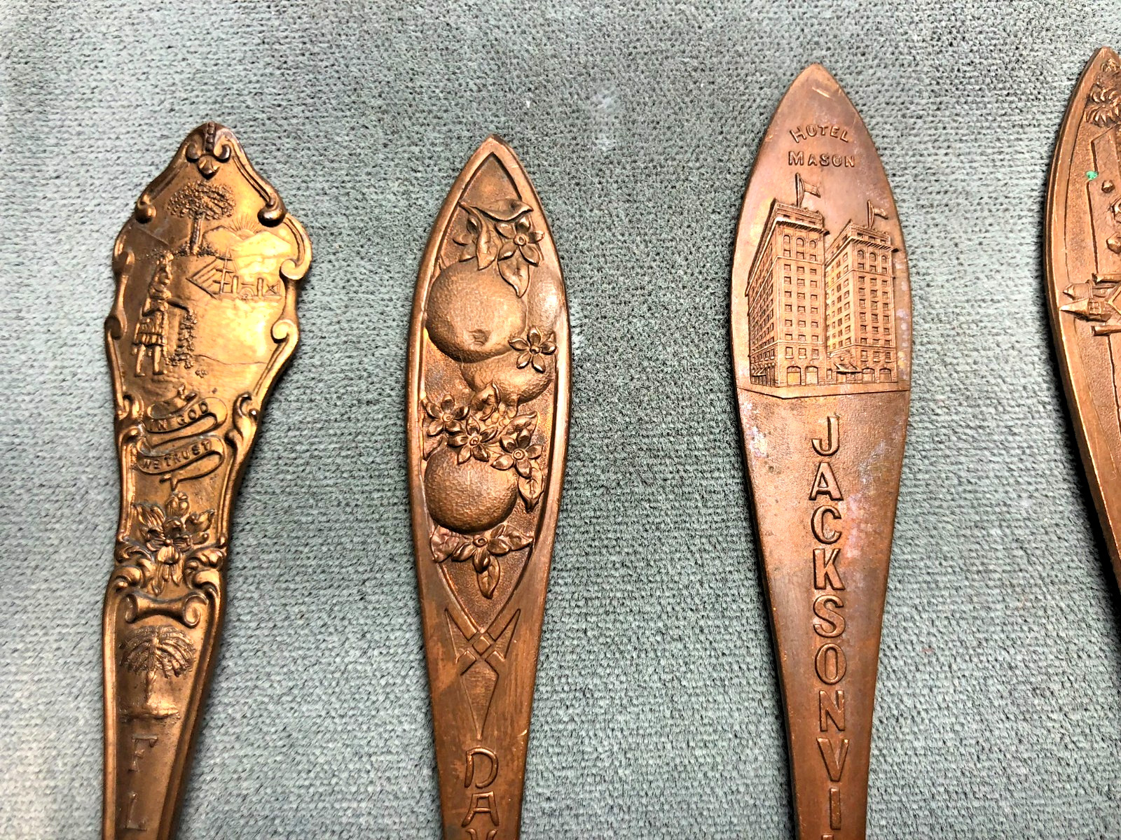 Vintage 1900's Florida Souvenir Copper Spoons Old Hotels - Lot of 6