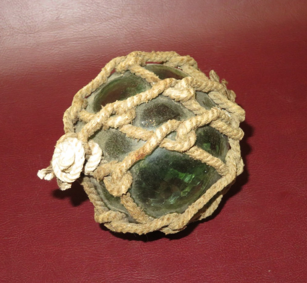 Antique 3" Japanese Rope-Wrapped Blue Hand-Blown Glass II Mark Fishing Net Float