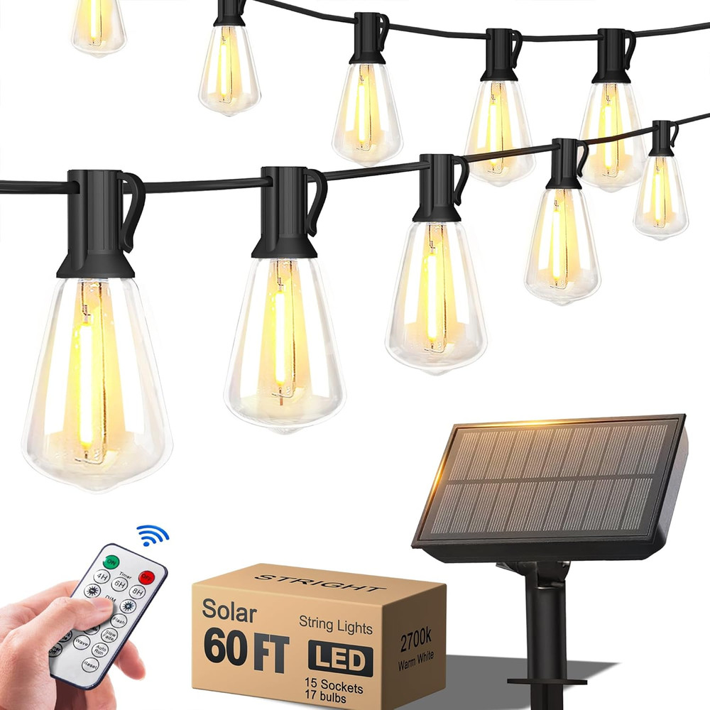 60FT Solar String Lights Outdoor Weatherproof with Remote, Solar Powered LED Edi