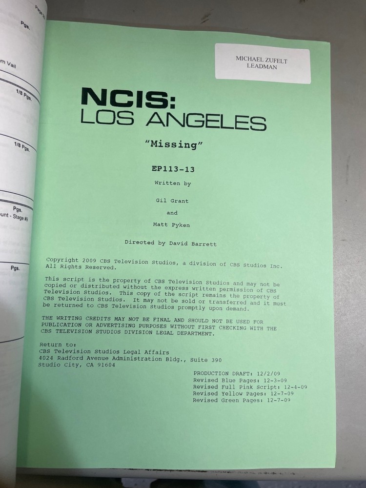 “NCIS: Los Angeles” Authentic Tv script Used On Set. "Missing" EP- 113-13