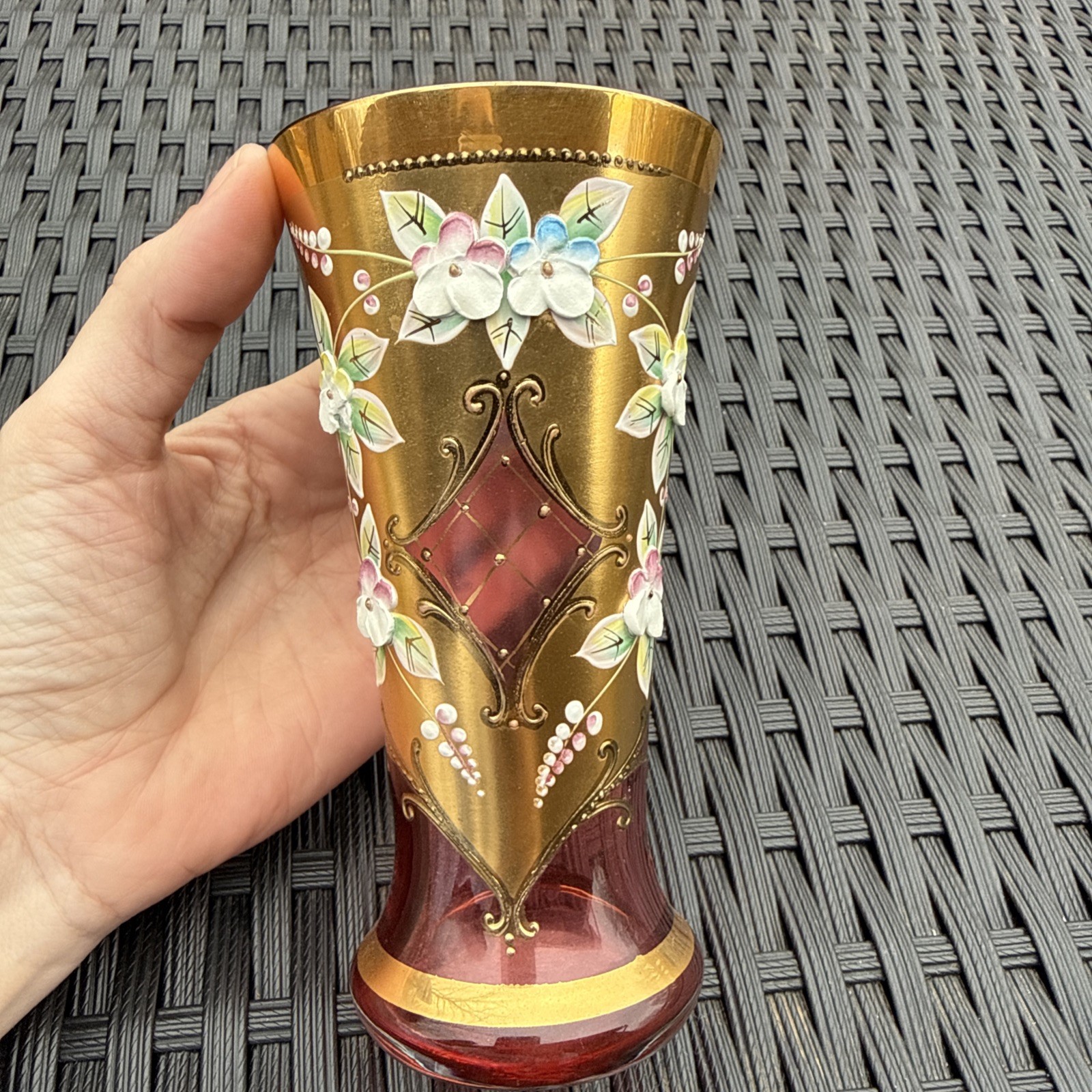 BOHEMIA CZECH REPUBLIC GOLD HIGH ENAMEL CRANBERRY HANDMADE CRYSTALEX VASE
