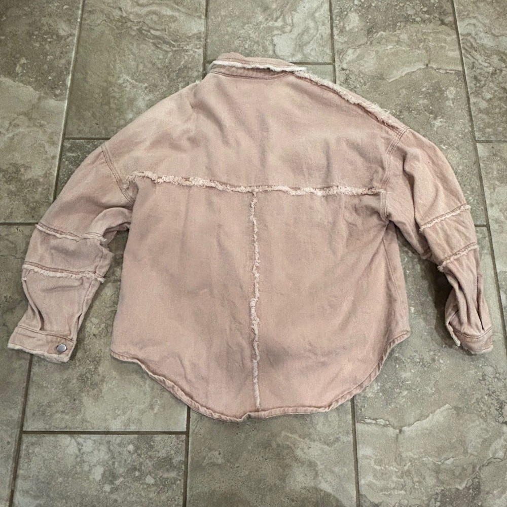 POL Pink Distressed Denim Shacket Studded Raw Hem Oversized Jacket Small