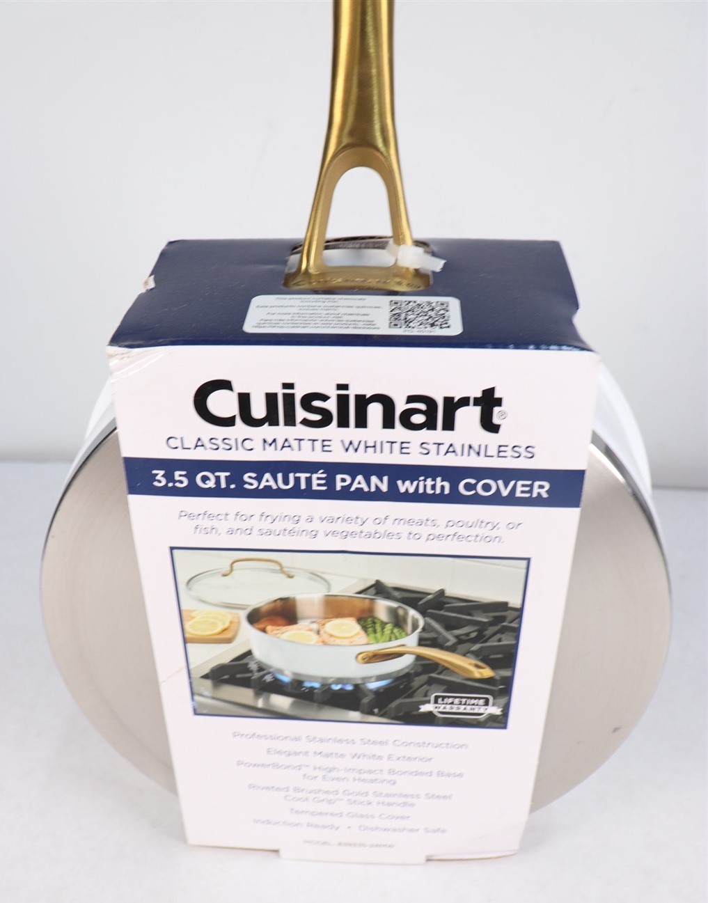 Cuisinart Classic Matte White & Brushed Gold 3.5qt Stainless Saute Pan w/Cover