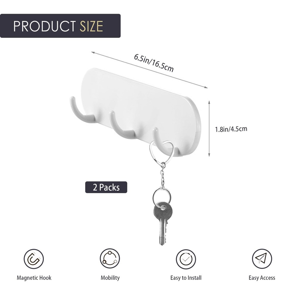 2-Pack Magnetic Key Holder with 3 Hooks for Refrigerator, Kitchen, and White