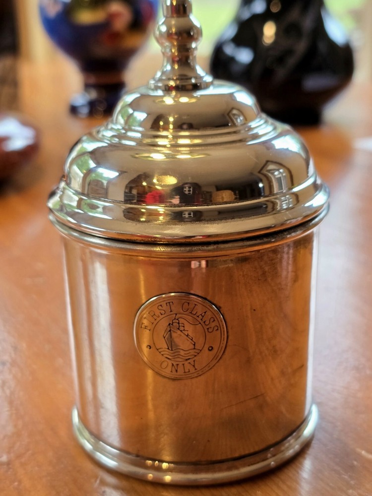 Vintage Silverplate Tea Caddy Steamliner Ship Tableware "First Class Only"