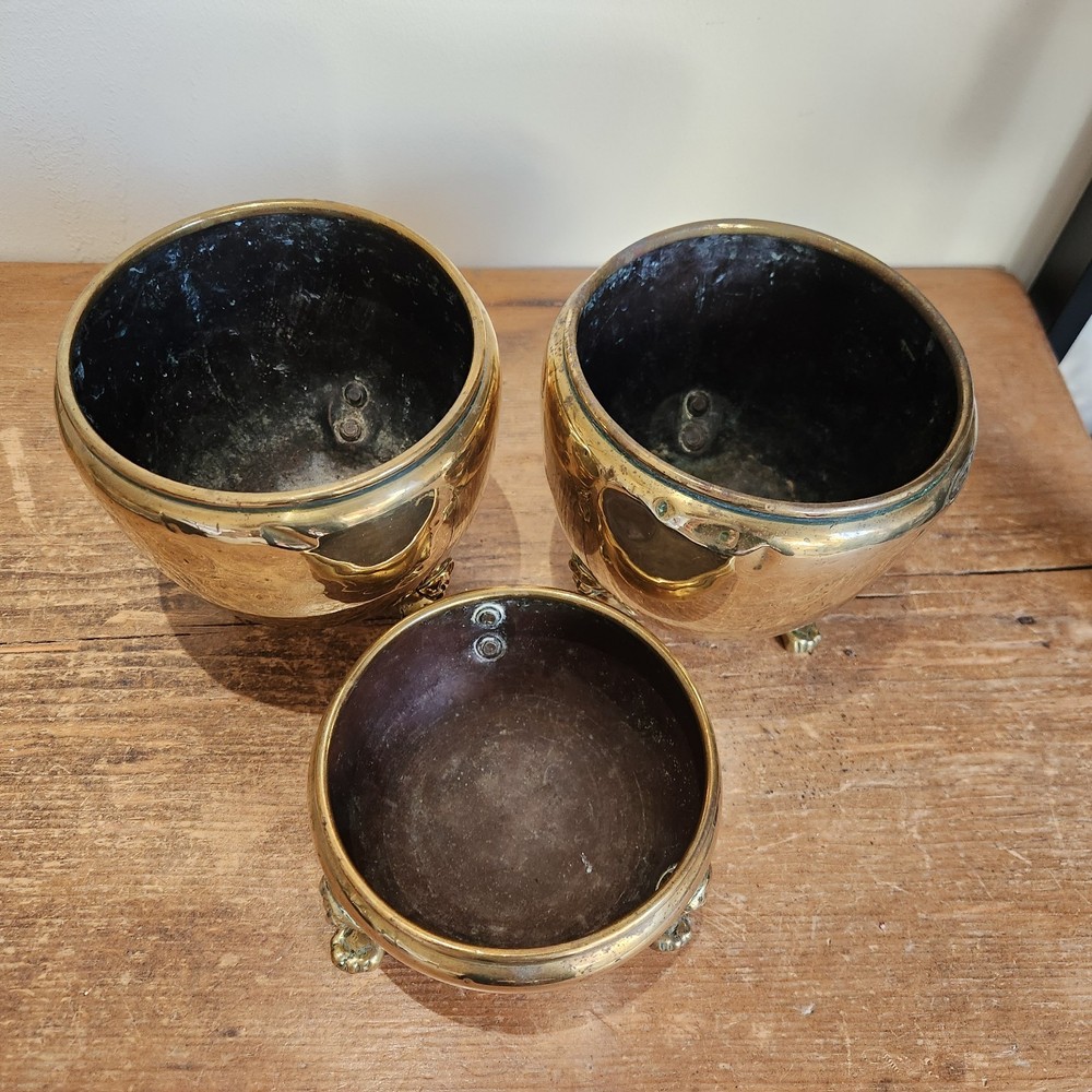 Antique Solid Brass Three Small/Medium Cache Pots on Styalised Liohead/Paw Feet