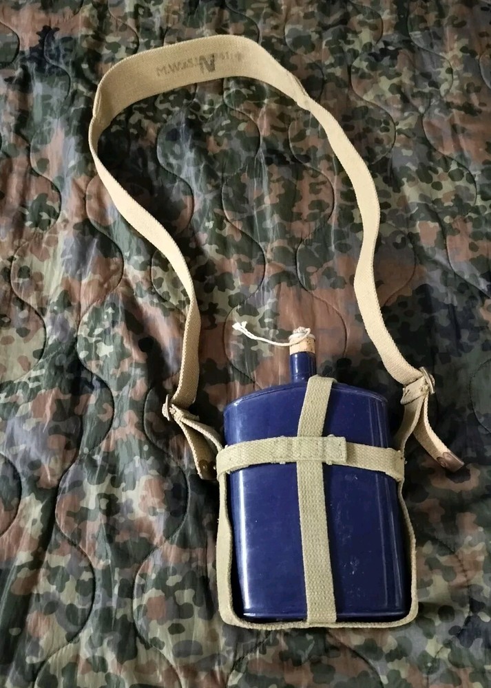 WWII era British Canteen Blue Enamel Canvas Strap , Original