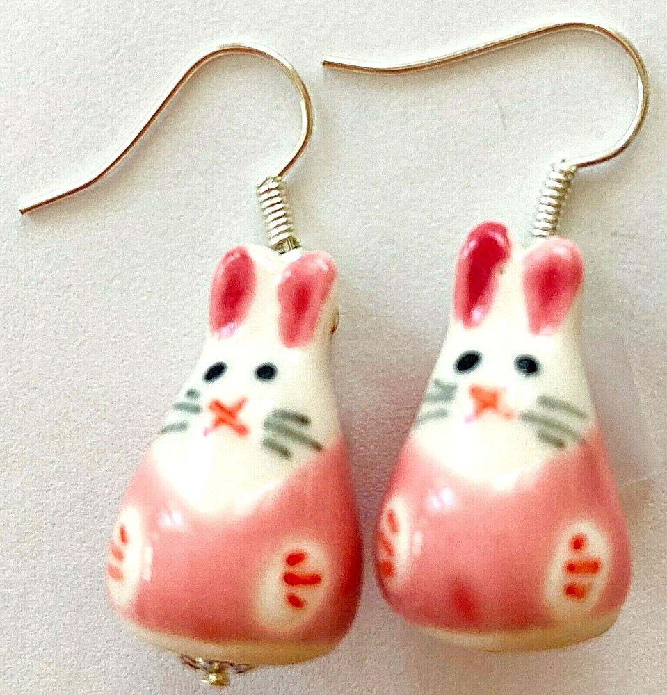 EASTER BUNNY EARRINGS-PINK/WHITE CERAMIC-HANDCRAFTED-698