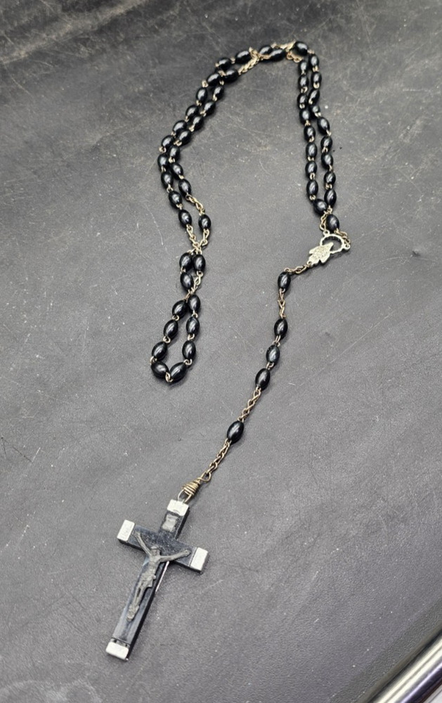 Black  Rosary Prayer Beads Jesus Crucifix Italy