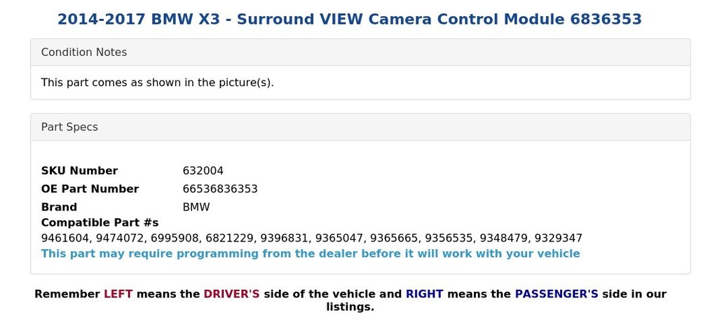 2014-2017 BMW X3 - Surround VIEW Camera Control Module 6836353