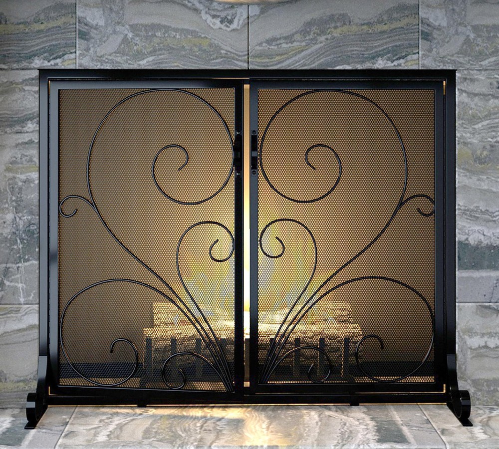 Flat Fireplace Screen with Doors,Solid Wrought Iron Frame with Metal Mesh, Fl...