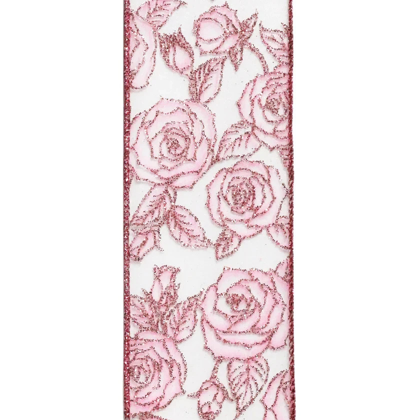 Pink Glitter Roses Sheer Ribbon 2.5" Wired Edge 10 Yards-Valentine or Wedding