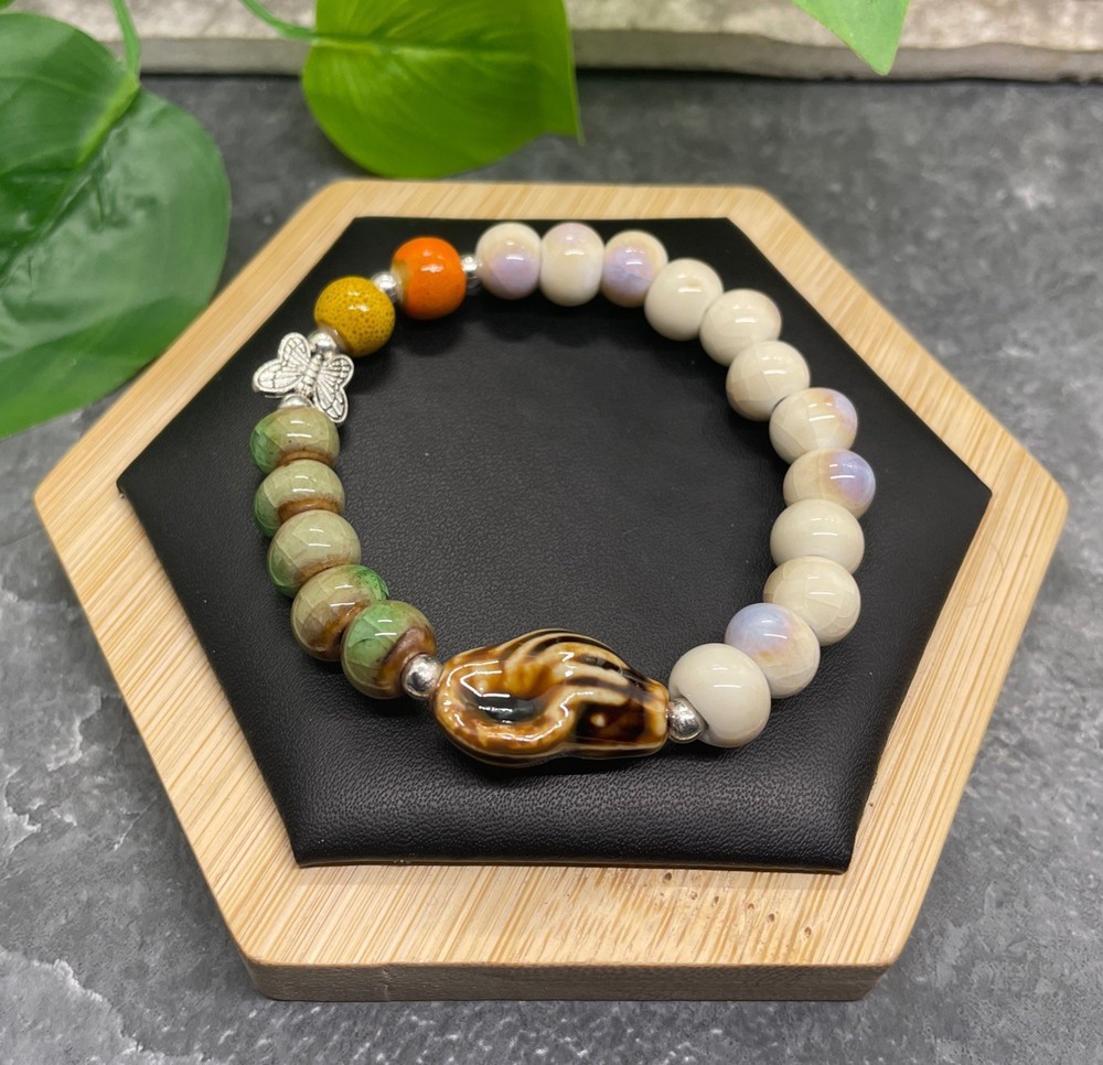 Handmade Ceramic Bead Beaded Stackable 6.5” Plus Stretch Bracelet New B481